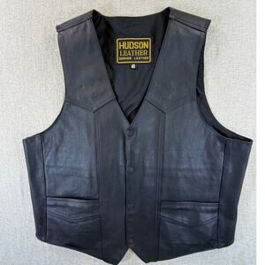 Hudson Leather Men's 48 Black Snap Front Motorcycle Biker Leather Vest Casual